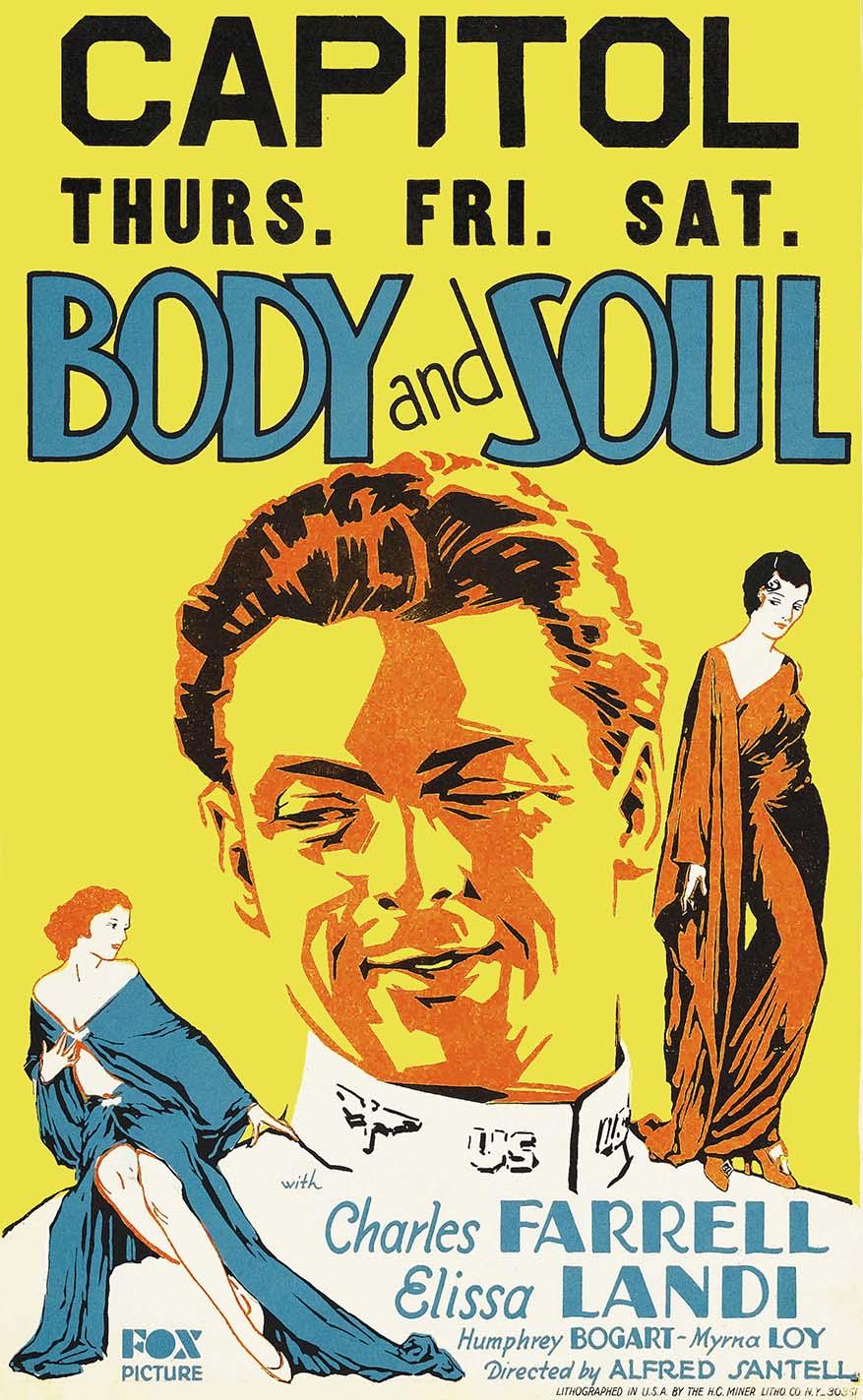 Vintage poster for the 1931 film Body and Soul, featuring a large orange portrait of Charles Farrell and two women in blue and orange gowns, set against a bright yellow background.