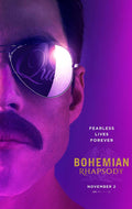 Close-up shot of Freddie Mercury (Rami Malek) wearing aviator sunglasses reflecting the Queen logo, from the Bohemian Rhapsody 2018 movie poster.