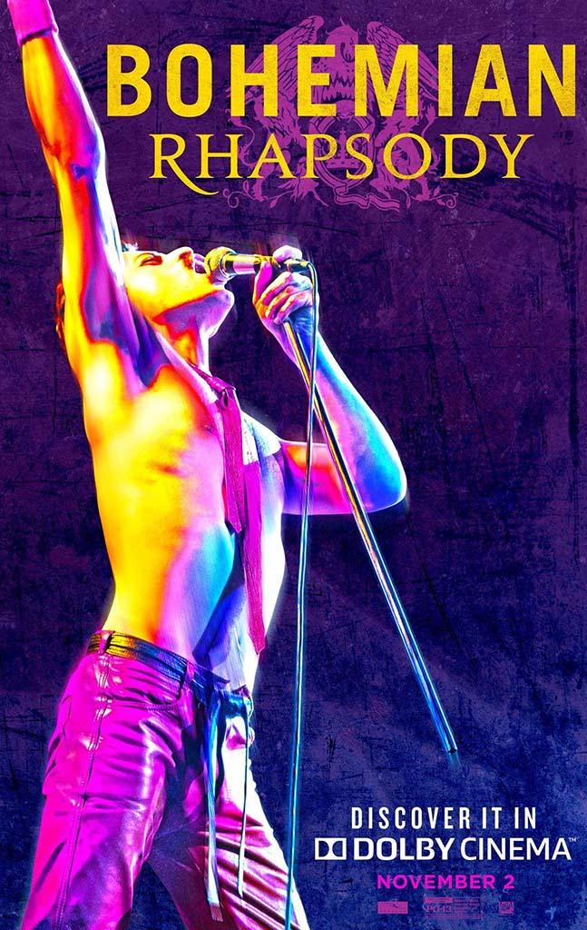 Dramatic poster for Bohemian Rhapsody showing Rami Malek as Freddie Mercury singing fiercely on stage with his arm raised high, bathed in neon purple and yellow light.