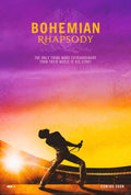 Dramatic silhouette poster for Bohemian Rhapsody (2018), showing Freddie Mercury performing on stage under a purple and yellow sky gradient.