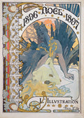 Vertical Art Nouveau poster by Alphonse Mucha, 1896. A crowned blue figure watches over a sleeping blonde woman, framed by festive borders and the L'Illustration title.