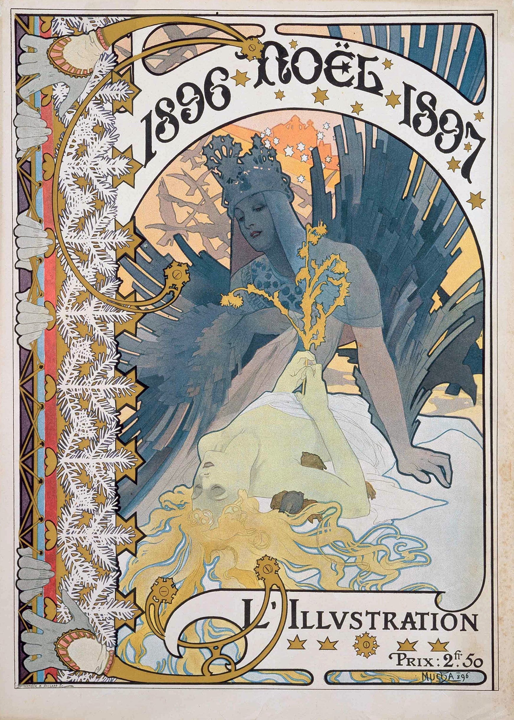 Vertical Art Nouveau poster by Alphonse Mucha, 1896. A crowned blue figure watches over a sleeping blonde woman, framed by festive borders and the L'Illustration title.
