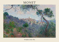 Oil painting by Claude Monet depicting a lush, green hillside framing the view of the coastal town of Bordighera, Italy, painted in 1884.