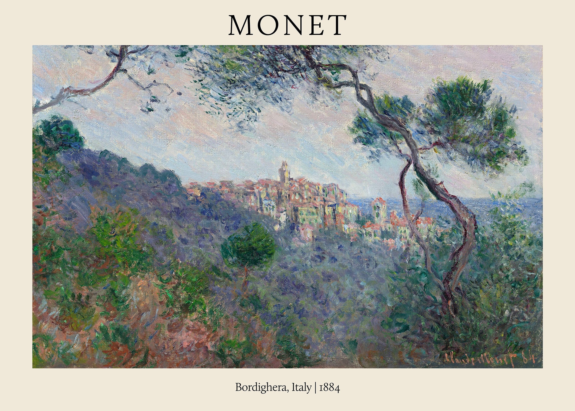 Oil painting by Claude Monet depicting a lush, green hillside framing the view of the coastal town of Bordighera, Italy, painted in 1884.
