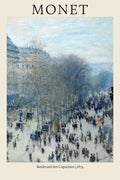 Impressionist oil painting by Claude Monet depicting a busy, snowy street scene on the Boulevard des Capucines in Paris, 1874.