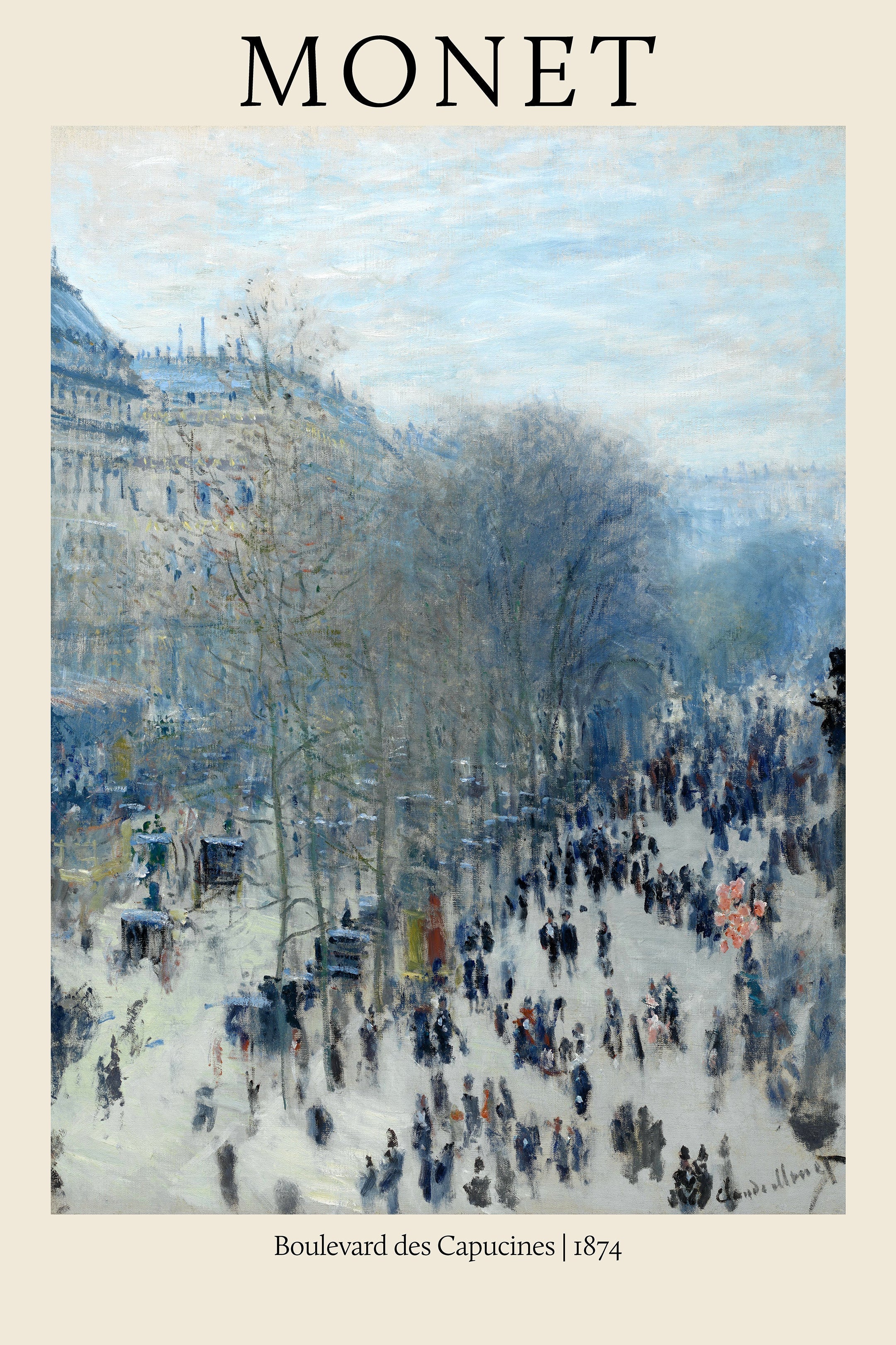 Impressionist oil painting by Claude Monet depicting a busy, snowy street scene on the Boulevard des Capucines in Paris, 1874.