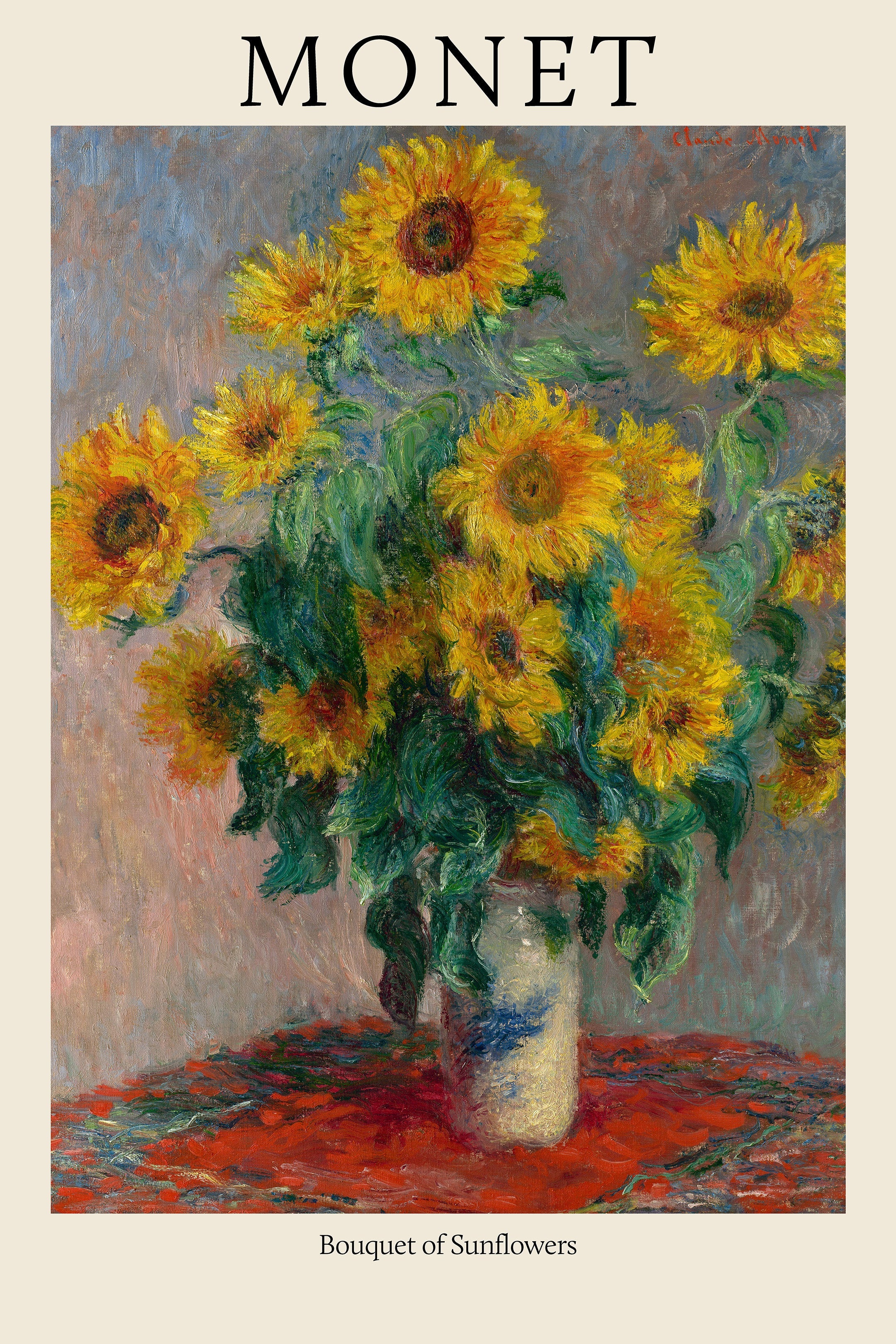 Classic impressionist oil painting by Claude Monet titled "Bouquet of Sunflowers," featuring vibrant yellow blooms in a vase on a red tablecloth.