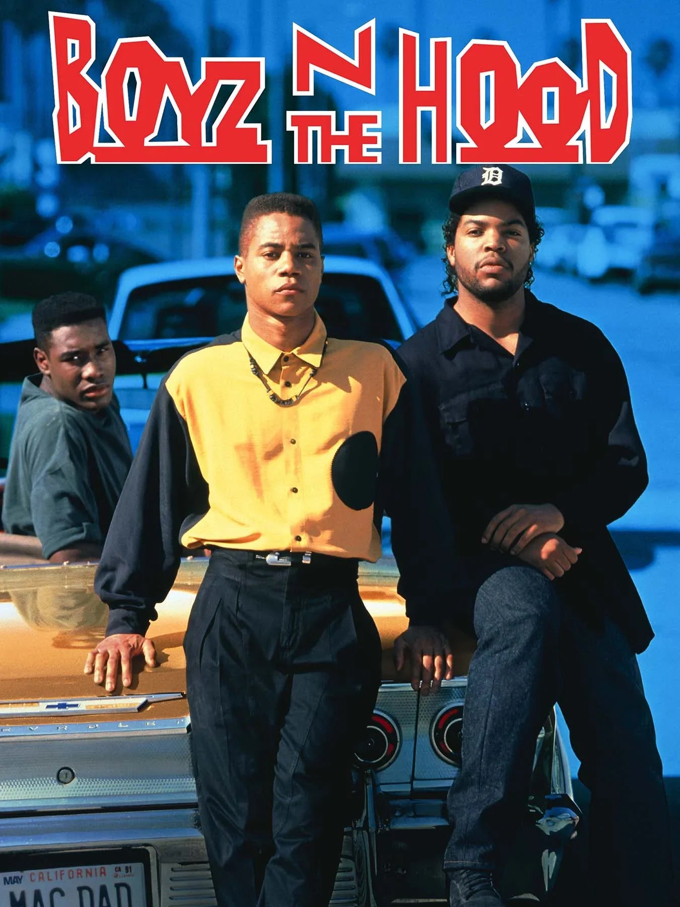 Iconic poster for Boyz N the Hood featuring Ice Cube, Cuba Gooding Jr., and Morris Chestnut leaning on a gold Chevrolet Impala.