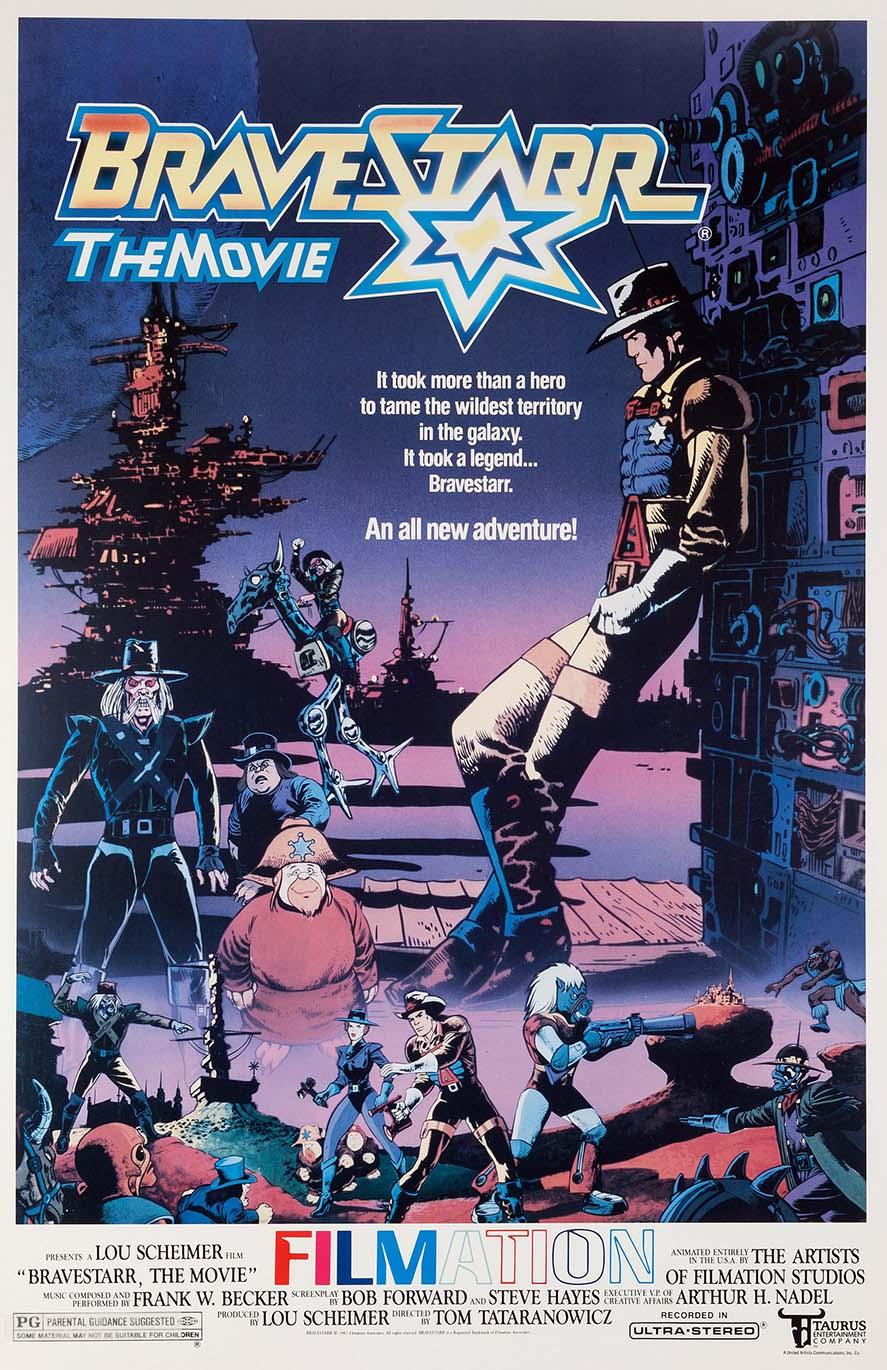 Original theatrical poster for BraveStarr The Movie, featuring Marshall BraveStarr standing tall over Tex Hex and other animated characters against a futuristic space western backdrop.