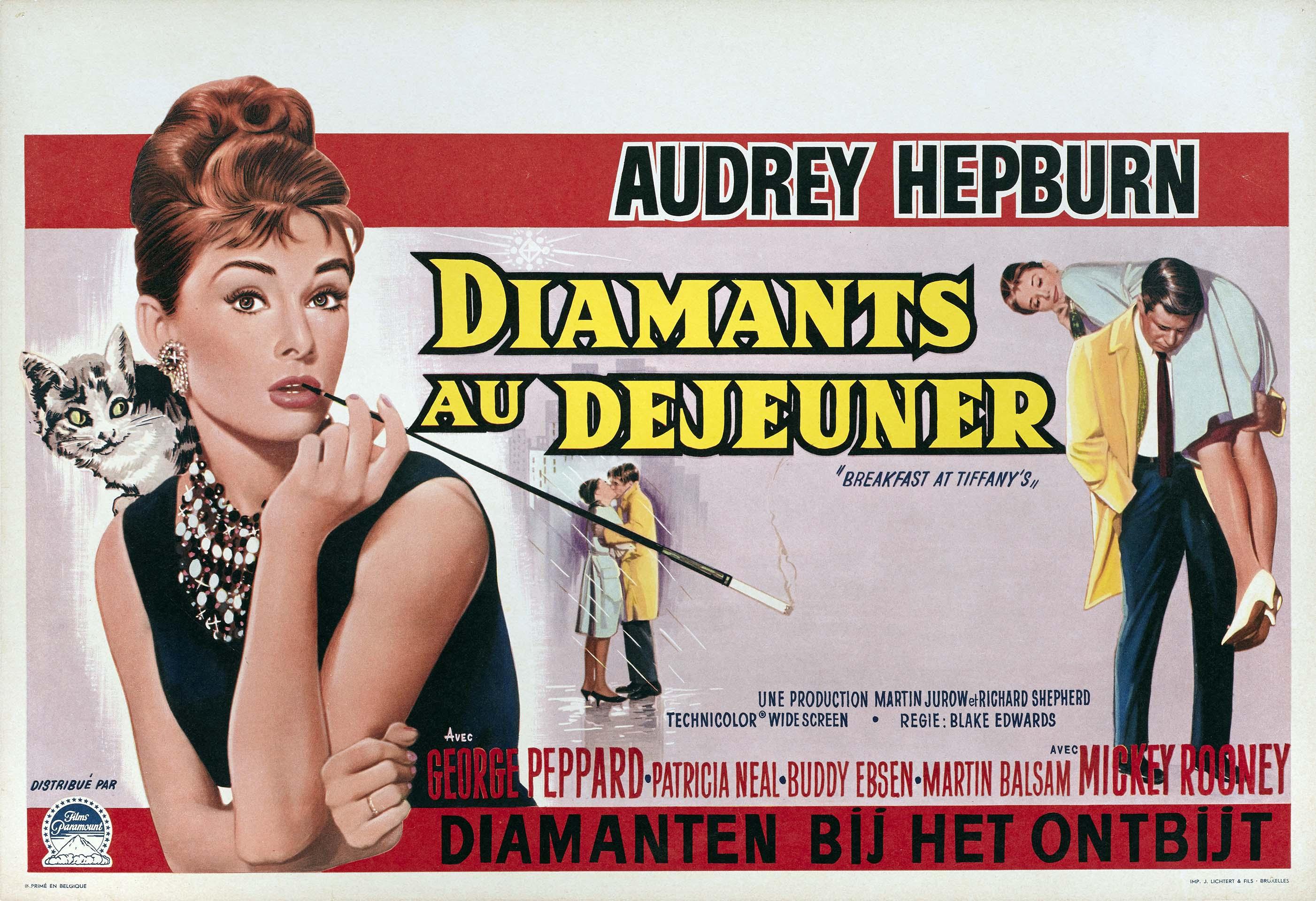 Illustrated Belgian movie poster for Breakfast at Tiffany's featuring Audrey Hepburn as Holly Golightly with a cat and scenes of romance in the rain.