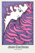 Stylized drawing by Jean Cocteau from 1960, showing a white profile face with dramatic pink, flowing hair against a purple backdrop.