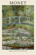 Archival poster of Claude Monet's 1899 oil painting showing the curved Japanese bridge over the Water Lily pond at Giverny.