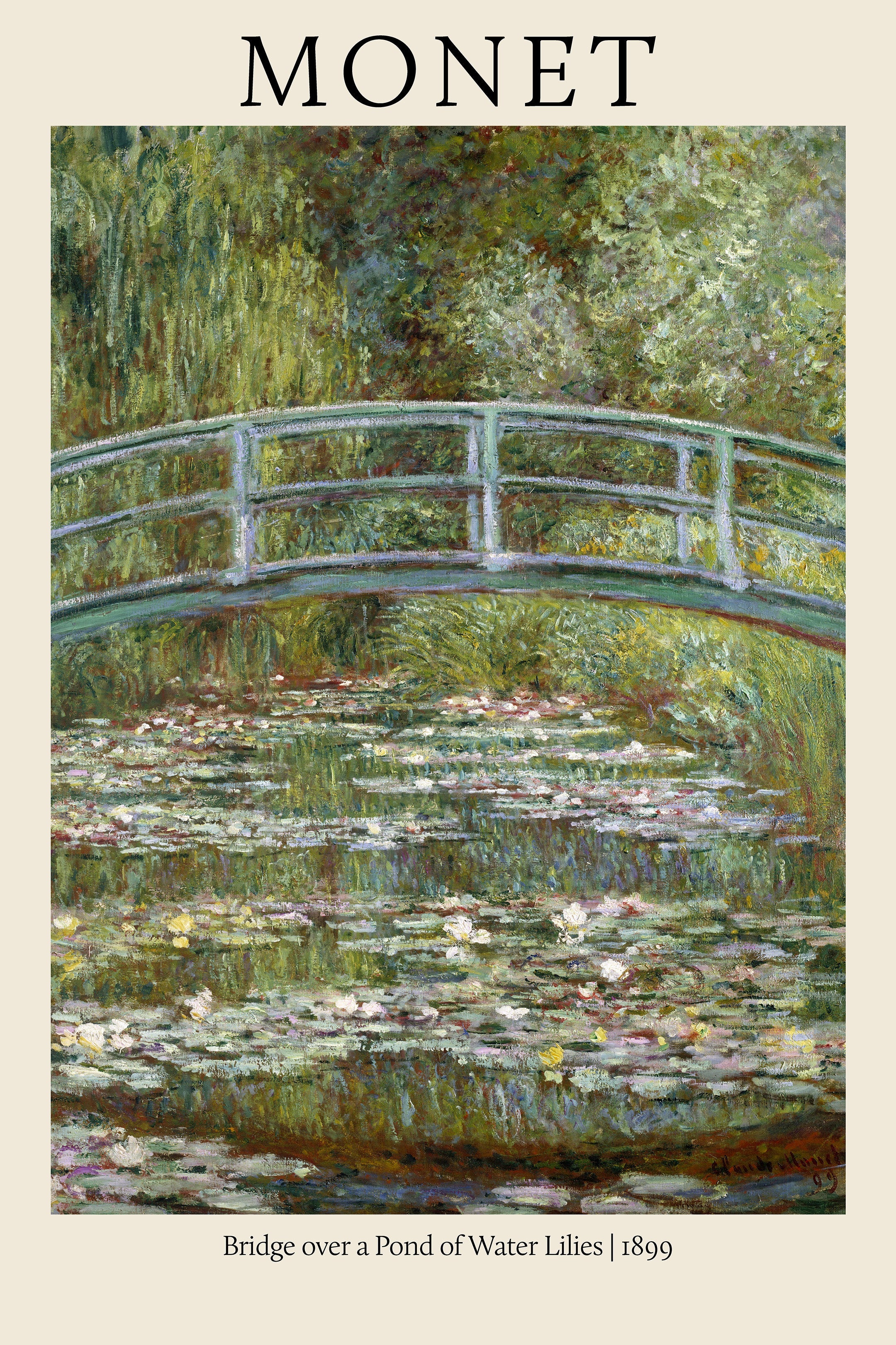 Archival poster of Claude Monet's 1899 oil painting showing the curved Japanese bridge over the Water Lily pond at Giverny.