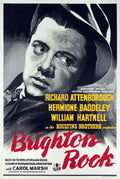 Original movie poster for Brighton Rock (1947) featuring a dramatic, high-contrast black and white close-up illustration of Richard Attenborough as Pinkie Brown.