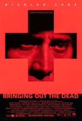 Official Bringing Out the Dead movie poster showing Nicolas Cage's intense red and black fragmented face behind a white medical cross graphic.