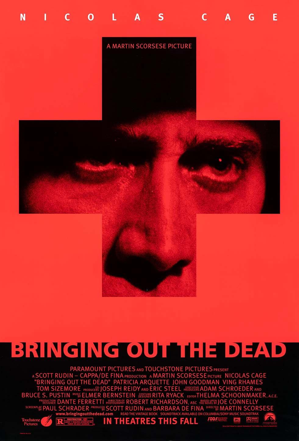 Official Bringing Out the Dead movie poster showing Nicolas Cage's intense red and black fragmented face behind a white medical cross graphic.