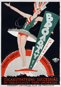 Art Deco style vintage poster for the 1929 film Broadway, showing a flapper dancer in green and red with a cityscape headdress and skirt.