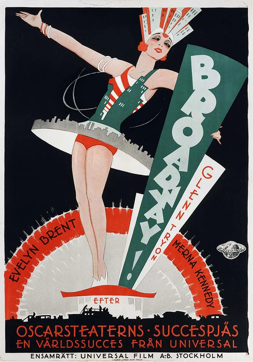 Art Deco style vintage poster for the 1929 film Broadway, showing a flapper dancer in green and red with a cityscape headdress and skirt.