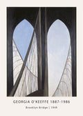 Georgia O'Keeffe's 1949 painting of the Brooklyn Bridge, showing dark archways framing the geometric white cables against a pale blue sky.