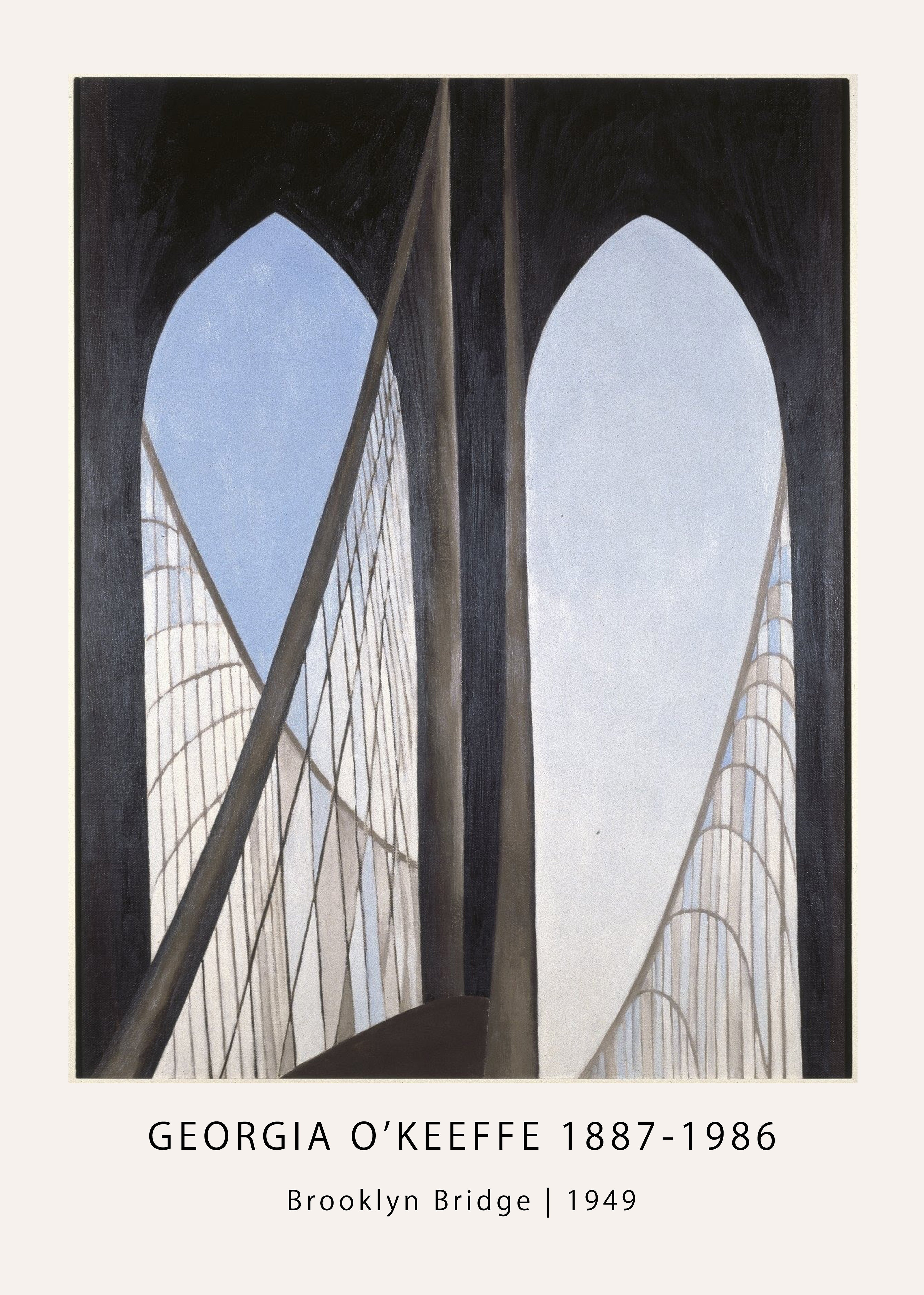 Georgia O'Keeffe's 1949 painting of the Brooklyn Bridge, showing dark archways framing the geometric white cables against a pale blue sky.