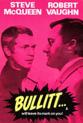 Alternative Bullitt movie poster featuring headshots of Steve McQueen and Robert Vaughn against a vibrant pink background with explosive yellow typography.