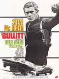 Vintage theatrical poster for Bullitt showing a halftone portrait of Steve McQueen in a turtleneck above a dynamic 1960s car chase scene.