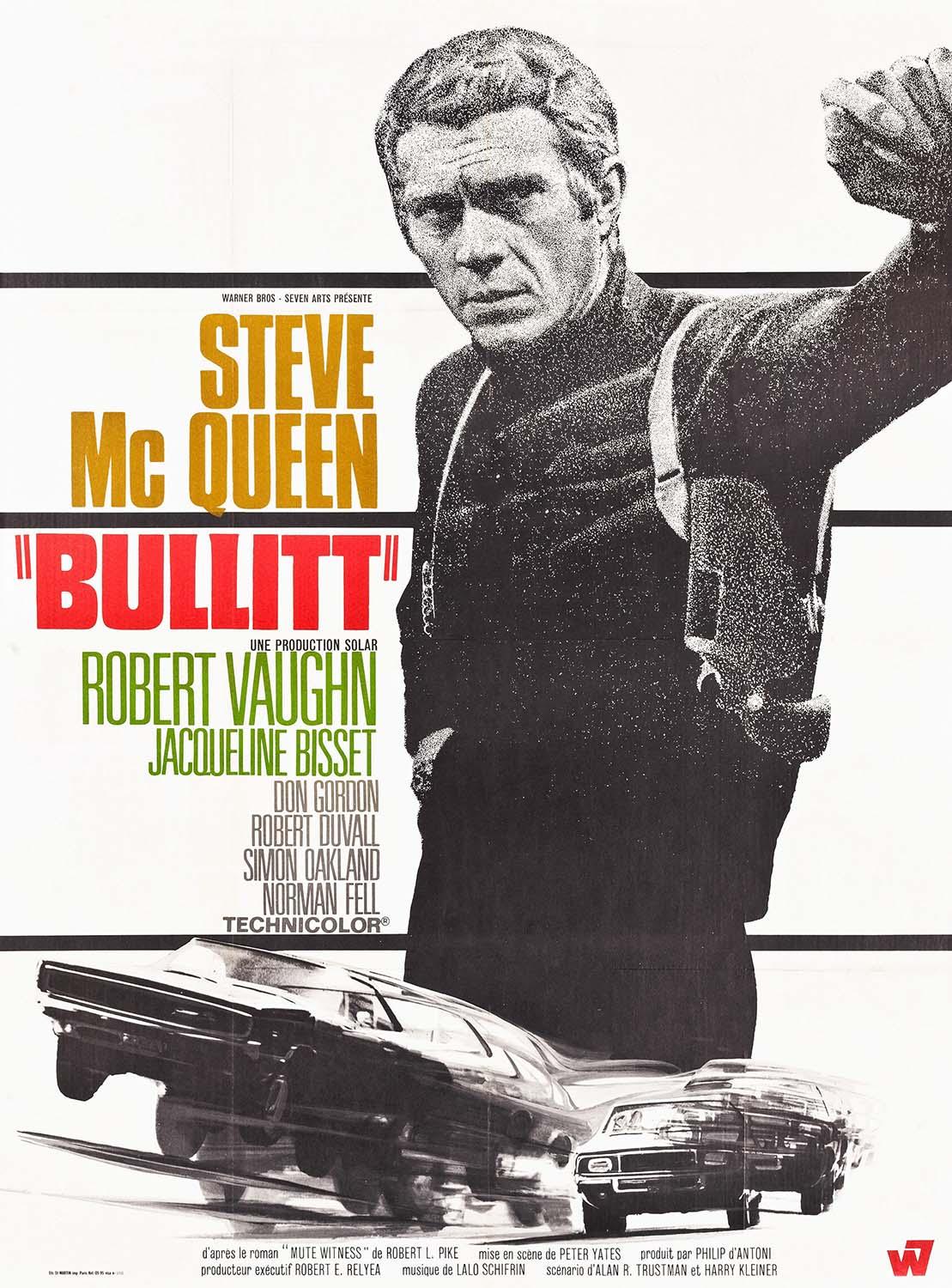 Vintage theatrical poster for Bullitt showing a halftone portrait of Steve McQueen in a turtleneck above a dynamic 1960s car chase scene.
