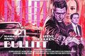 Bullitt movie poster featuring Steve McQueen with action scenes, classic cars, and dramatic red tones