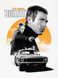 Steve McQueen in Bullitt poster with vintage Mustang car and San Francisco bridge silhouette