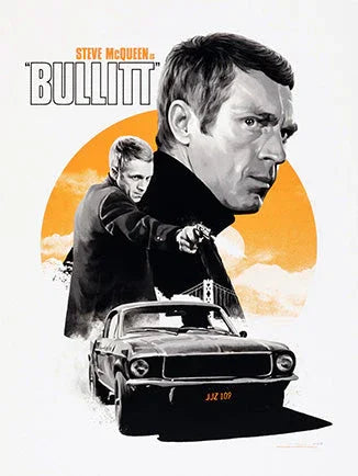 Steve McQueen in Bullitt poster with vintage Mustang car and San Francisco bridge silhouette