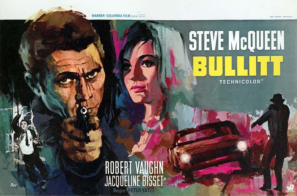 Dramatic painted illustration of Steve McQueen holding a gun next to Jacqueline Bisset, promoting the 1968 film Bullitt.