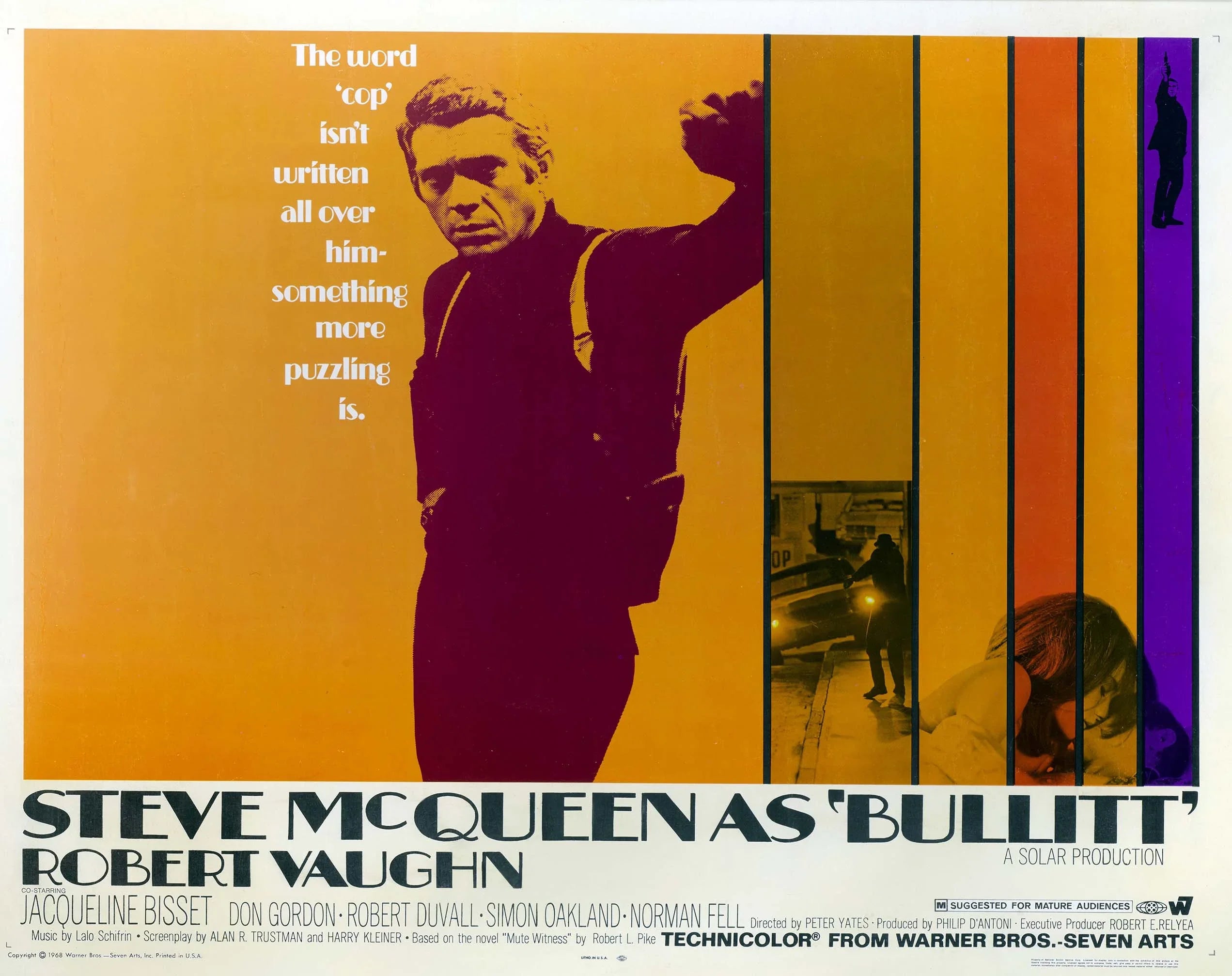 Highly graphic 1968 Bullitt movie poster featuring a maroon and yellow halftone portrait of Steve McQueen in character as Lt. Frank Bullitt.