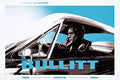 Vintage-style poster of Steve McQueen in Bullitt driving car, blue and black color scheme