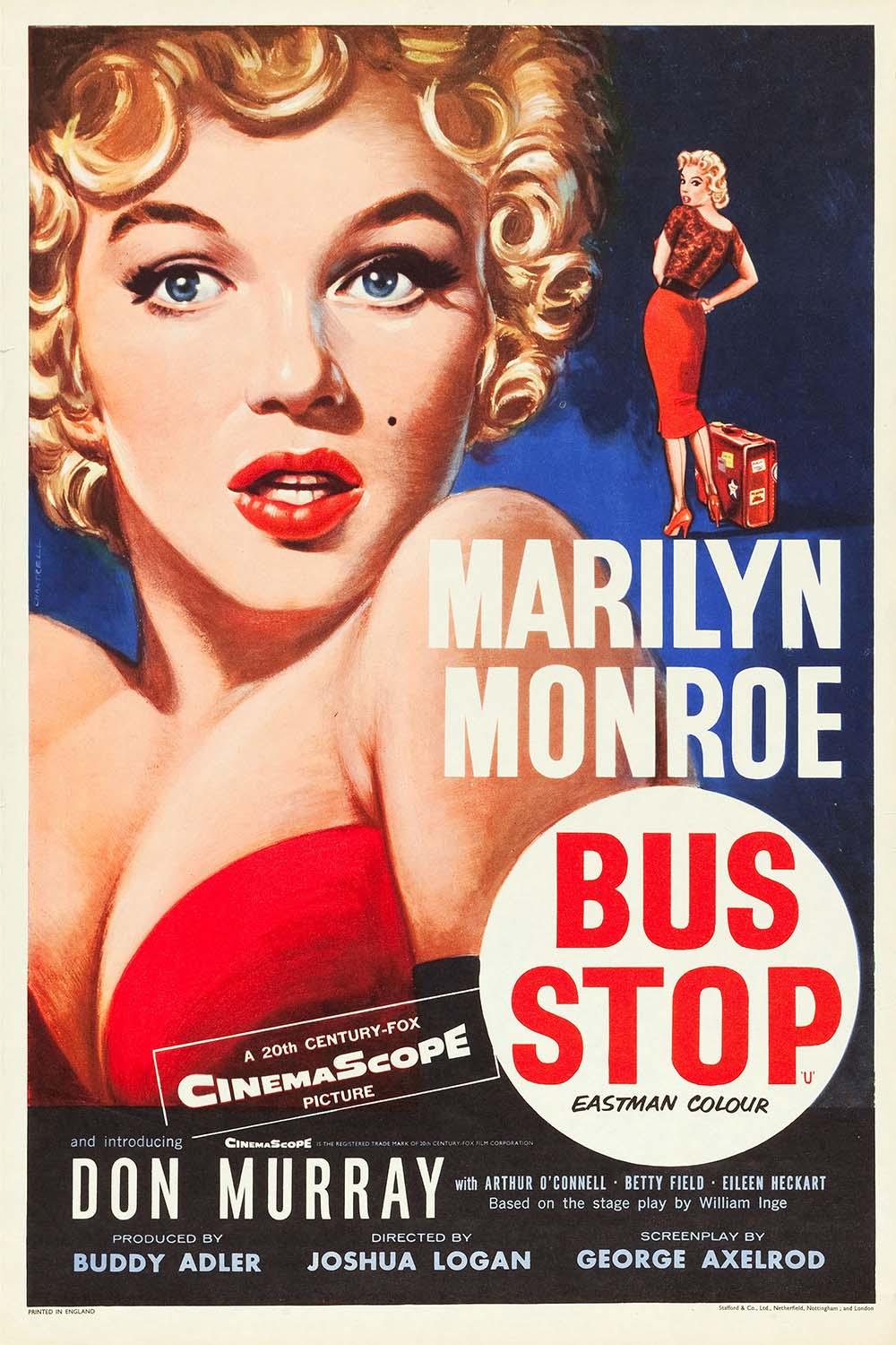 Vintage illustrated movie poster for 'Bus Stop' (1956) featuring a large close-up of Marilyn Monroe and a full-body image of her character, Cherie, in a red dress.
