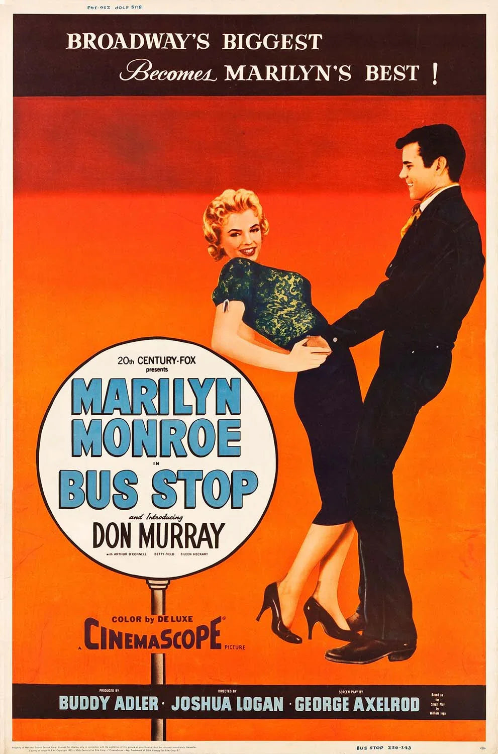 Vintage Bus Stop (1956) movie poster art showing Marilyn Monroe smiling while embraced by Don Murray on a vibrant orange background.