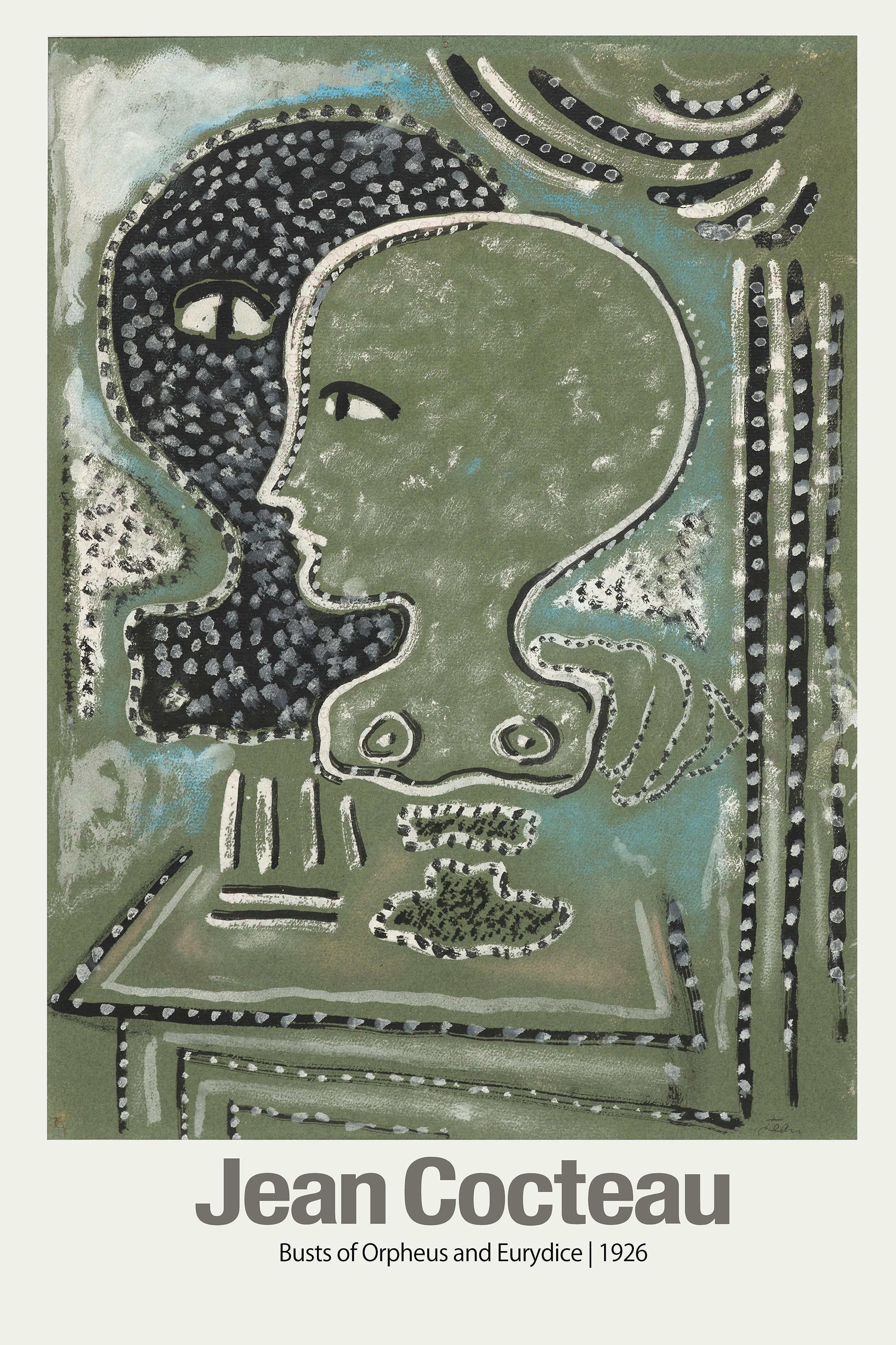 Jean Cocteau’s 1926 abstract painting, "Busts of Orpheus and Eurydice," shows two stylized profiles in muted green and black.