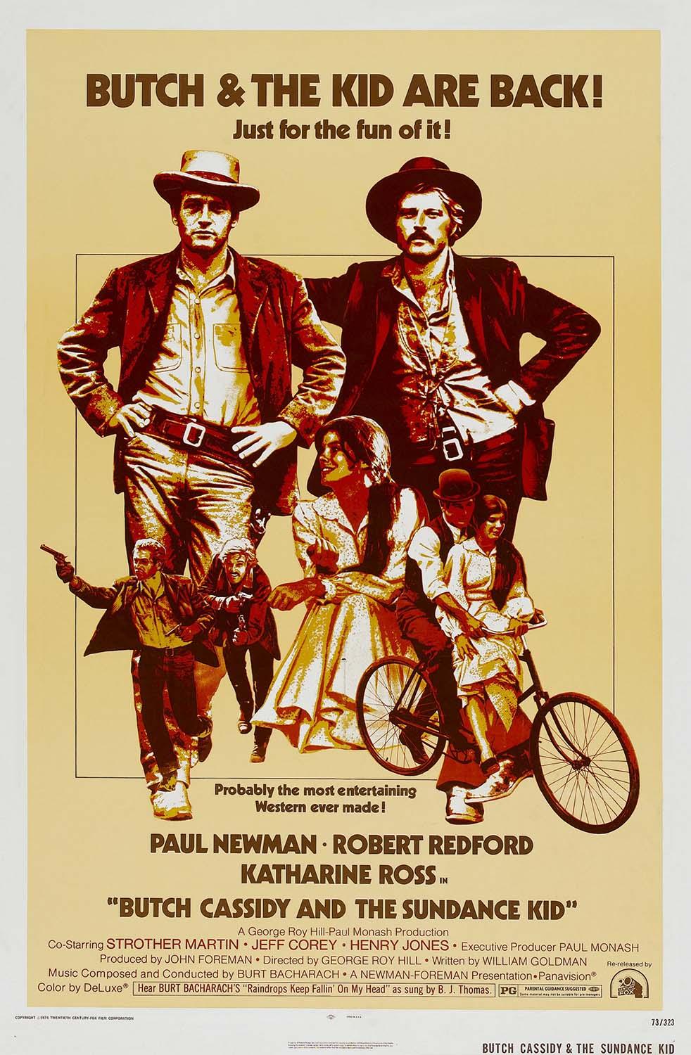 Original 1969 poster art for Butch Cassidy and the Sundance Kid featuring Paul Newman and Robert Redford, surrounded by smaller vignettes.