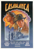 Illustrated poster for the 1992 50th Anniversary release of Casablanca, featuring dramatic portraits of Rick Blaine and Ilsa Lund.