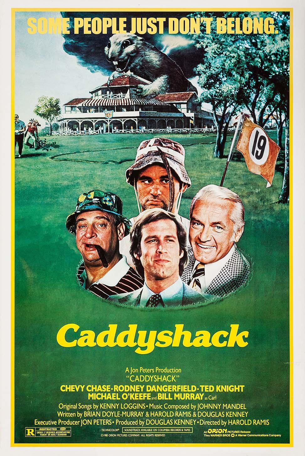Original Caddyshack 1980 movie poster featuring Chevy Chase, Rodney Dangerfield, Bill Murray, and the mischievous gopher standing over the golf course.