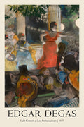 Edgar Degas' 1877 pastel painting, "Café-Concert at Les Ambassadeurs," featuring a vibrant Parisian nightclub scene with a singer in a red gown and musicians.