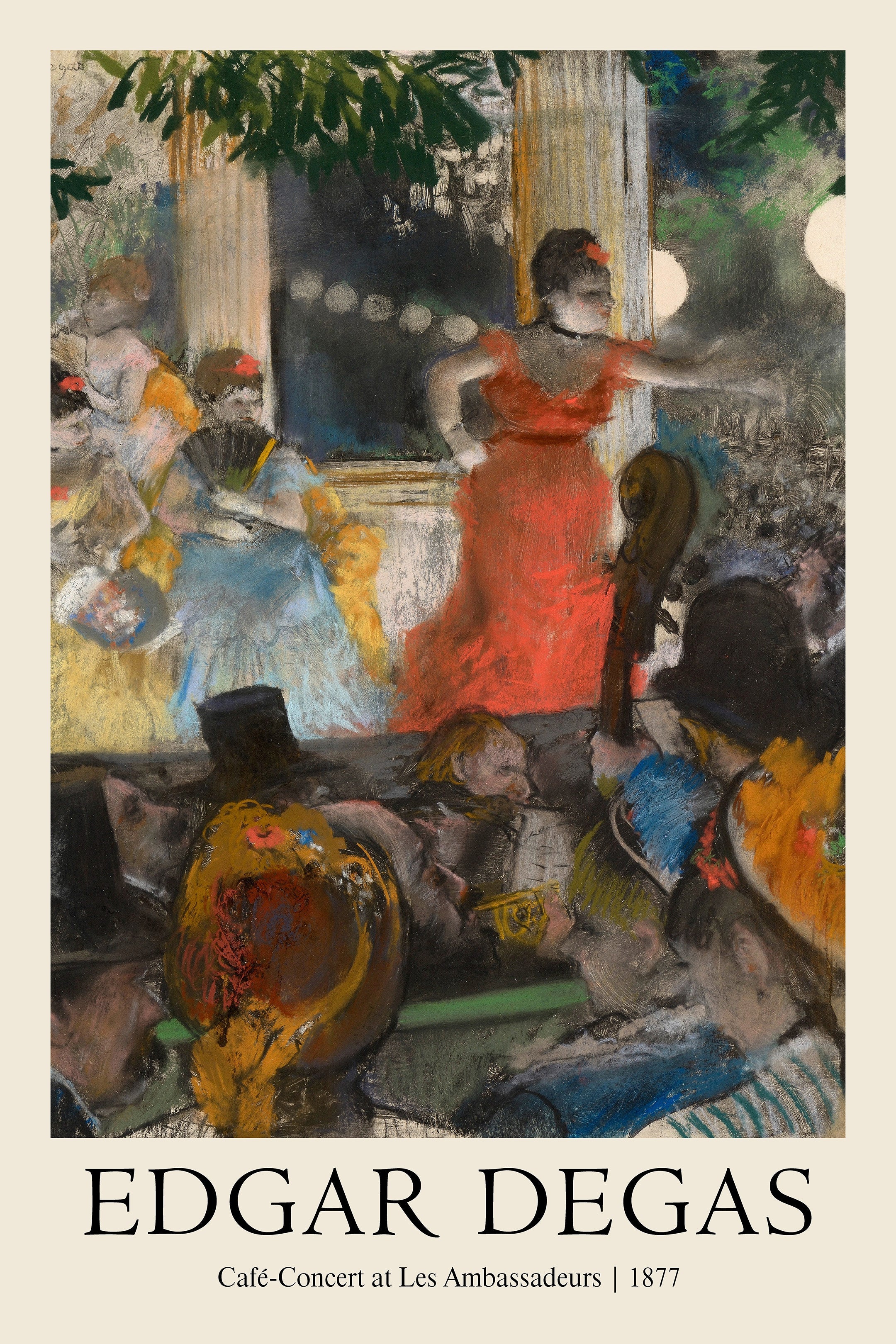 Edgar Degas' 1877 pastel painting, "Café-Concert at Les Ambassadeurs," featuring a vibrant Parisian nightclub scene with a singer in a red gown and musicians.