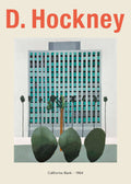 David Hockney painting, "California Bank 1964," depicting a teal and gray high-rise building and stylized green palm trees. Mid-century style artwork.