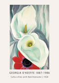 Georgia O'Keeffe painting titled Calla Lillies with Red Anenome (1928), featuring two large white lilies and one vivid red flower against a pale blue-green background.