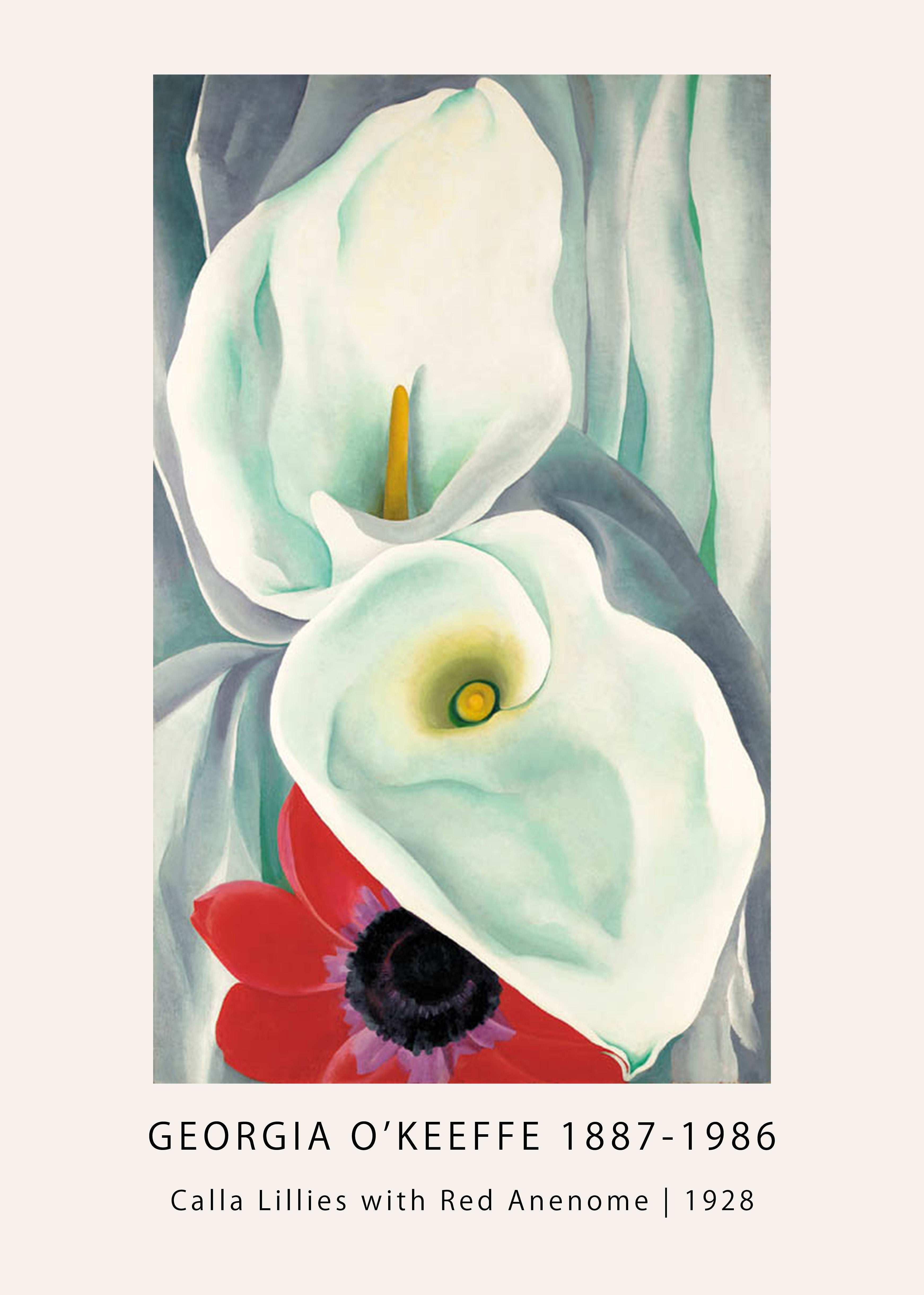 Georgia O'Keeffe painting titled Calla Lillies with Red Anenome (1928), featuring two large white lilies and one vivid red flower against a pale blue-green background.