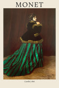 Early Claude Monet painting from 1866 featuring Camille in a black fur-trimmed coat and striking green and black striped silk skirt.