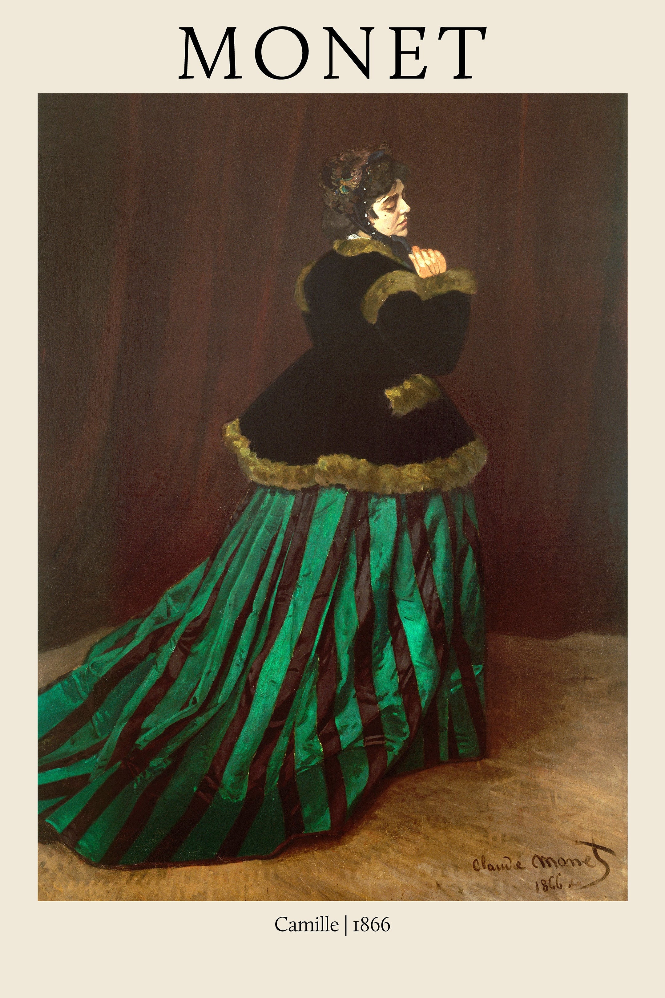 Early Claude Monet painting from 1866 featuring Camille in a black fur-trimmed coat and striking green and black striped silk skirt.