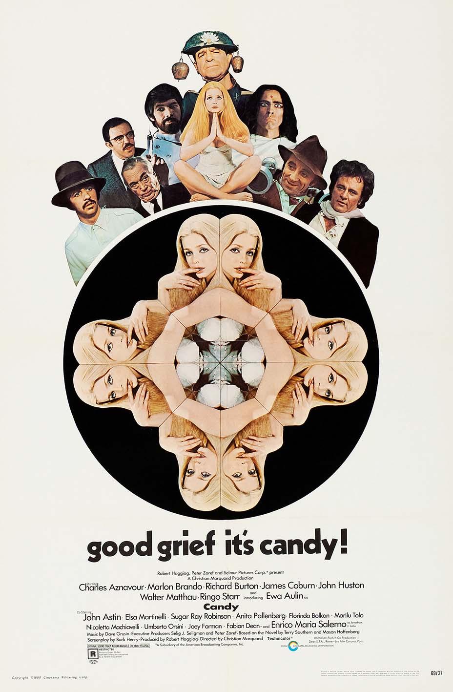 Original 1968 movie poster for the film Candy, featuring Ewa Aulin and an ensemble cast including Marlon Brando and Ringo Starr in a psychedelic collage style.