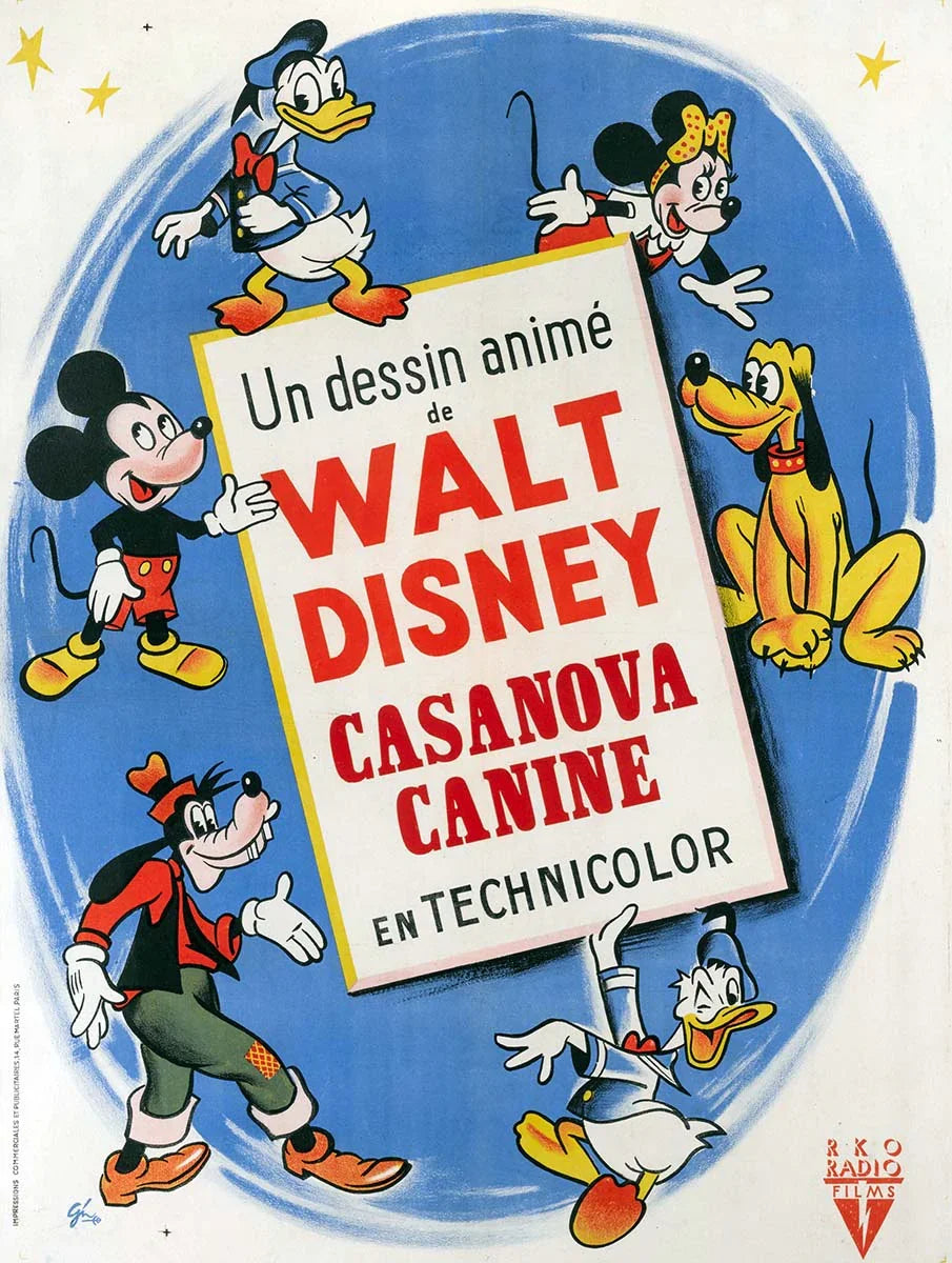 French poster art for Walt Disney's Canine Casanova (1945), featuring Mickey Mouse, Minnie, Donald Duck, Goofy, and Pluto dynamically posed around the title text on a swirling blue background.