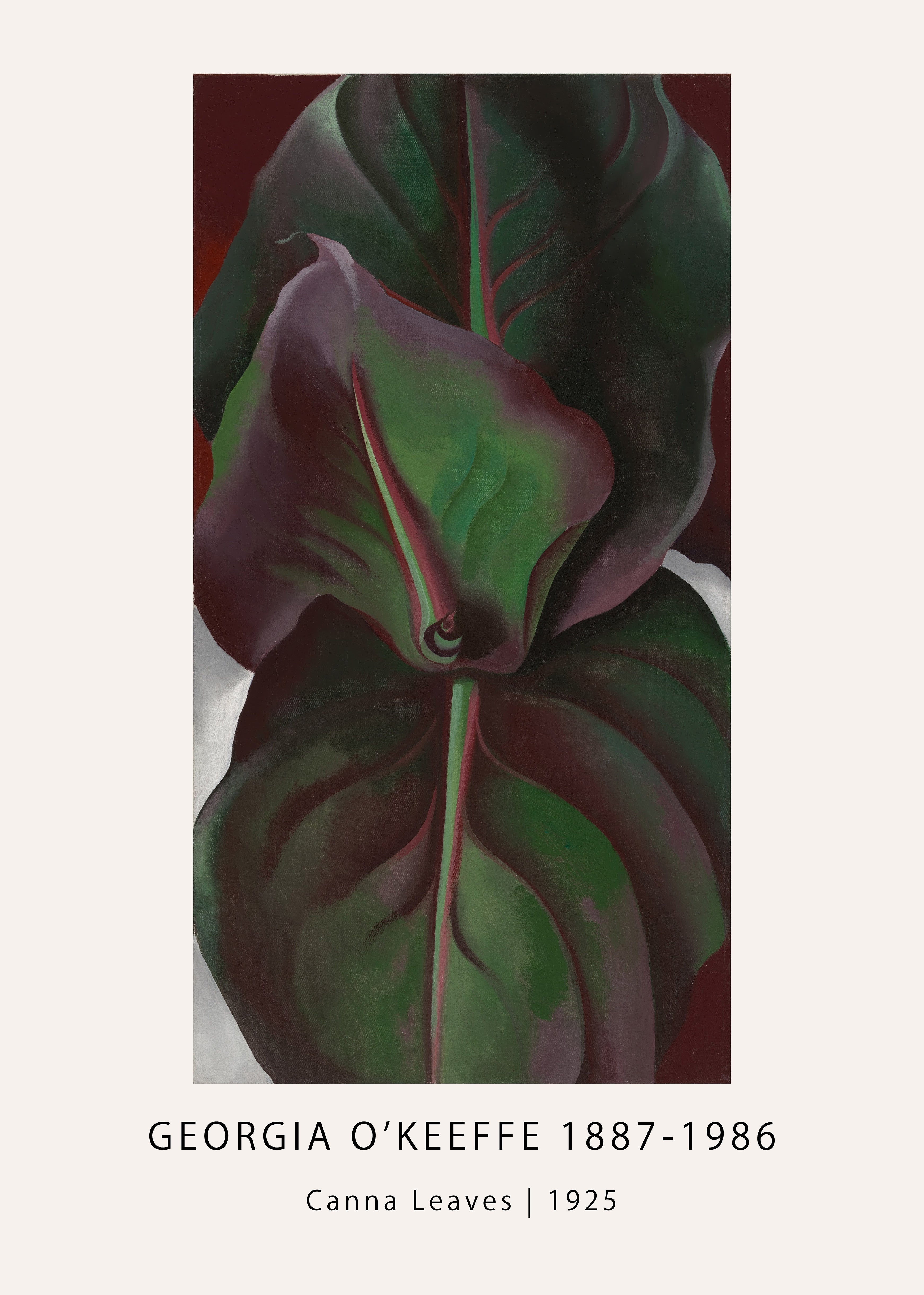 Georgia O'Keeffe's 1925 painting "Canna Leaves" featuring a close-up, vertical view of deep green and burgundy botanical forms.