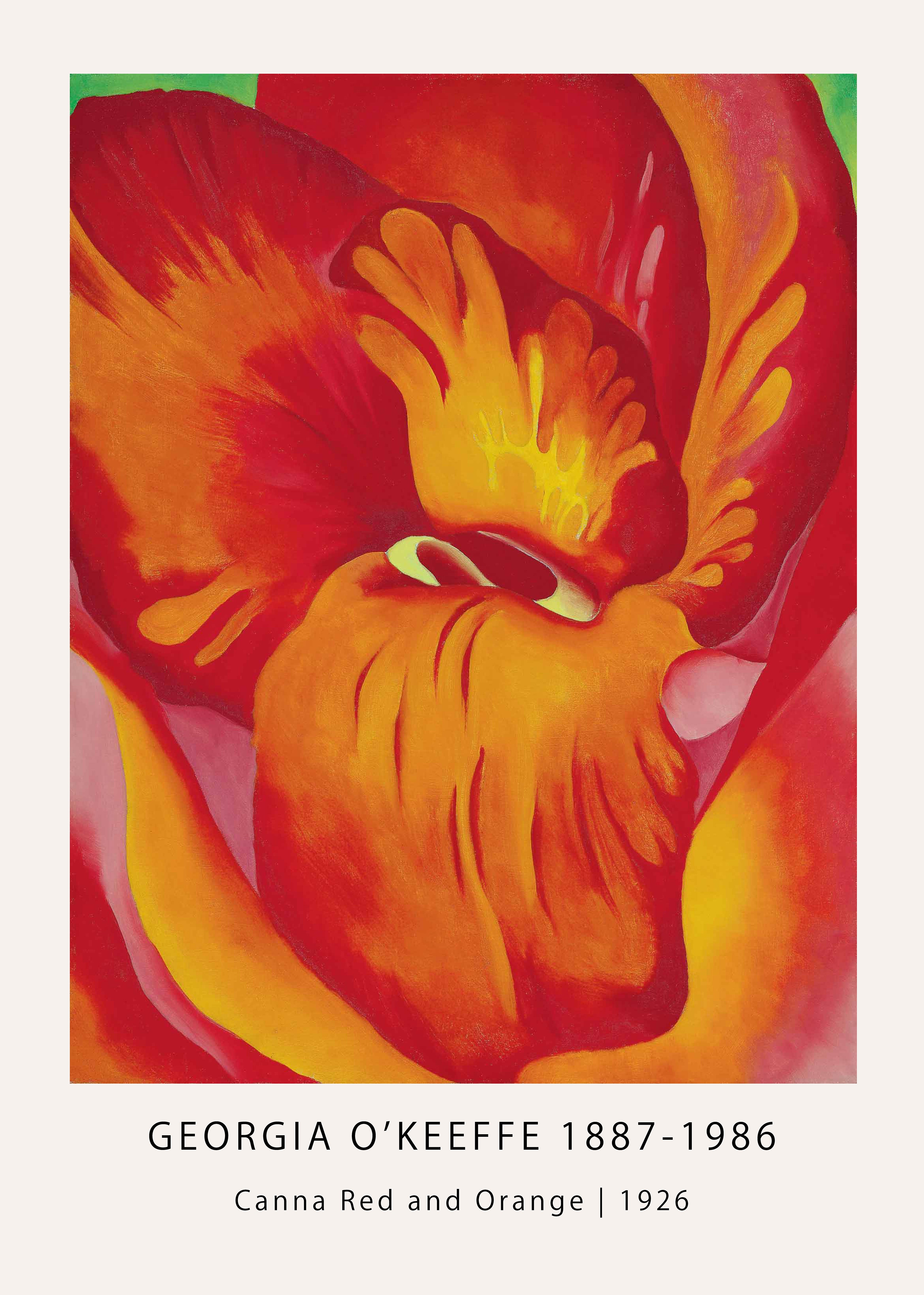 Georgia O'Keeffe's iconic painting Canna Red and Orange (1926), showing a dynamic close-up of red and yellow flower petals in vibrant oil.